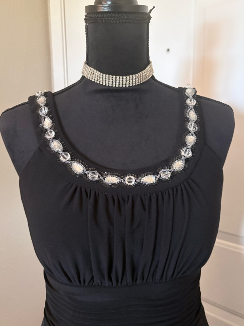 Black Asymmetrical Evening Dress with Crystal-Embellished Neckline